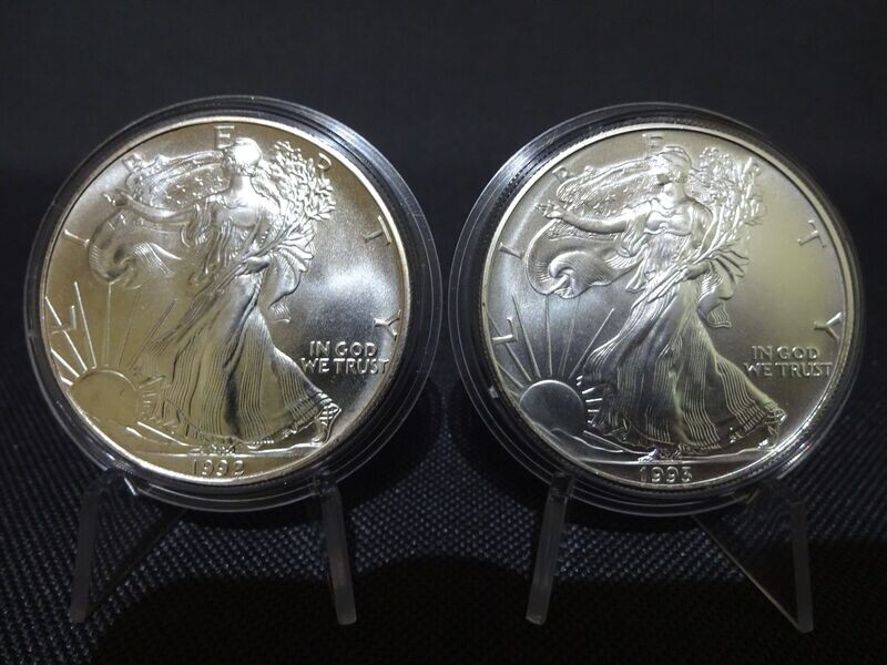 Silbermünzen Set USA 1992 & 1993 1 Dollar American Silver Eagle Walking Liberty 1 Oz Unze