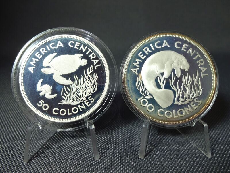 Silbermünzen-Set Costa Rica 1974 50 & 100 Colones Schildkröte Manatee Seekuh Wildlife WWF Naturschutz PP Proof