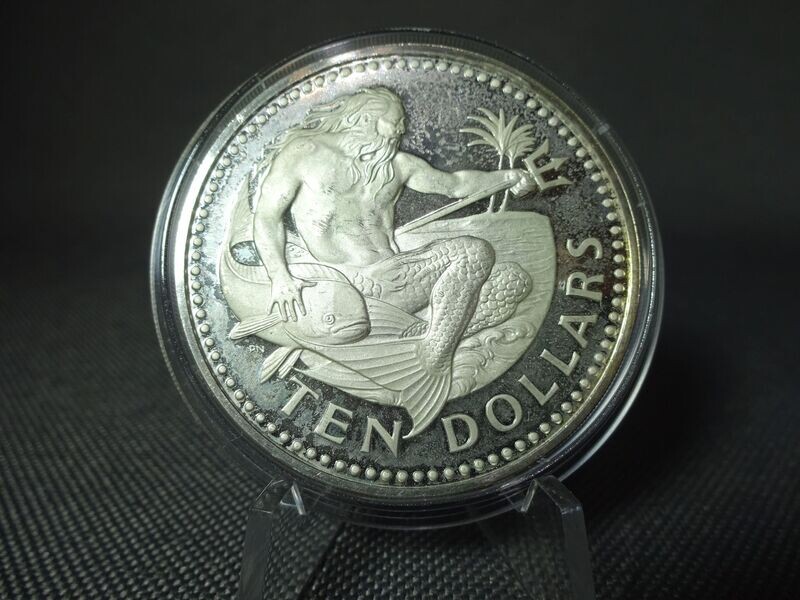 Silbermünze Barbados 1973 10 Dollars Neptun Dreizack Trident Fisch PP Proof