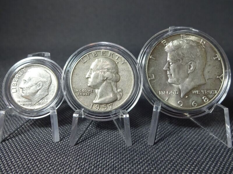 Silbermünzen-Set USA 1957 1963 1968 D 10 25 50 Cent Dime Quarter Half 1/10 1/4 1/2 Dollar Kennedy