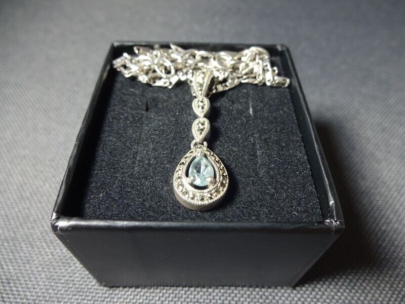 Silberkette Halskette Stein Hell Blau Topas Anhänger Orientalisch Collier 925-Silber