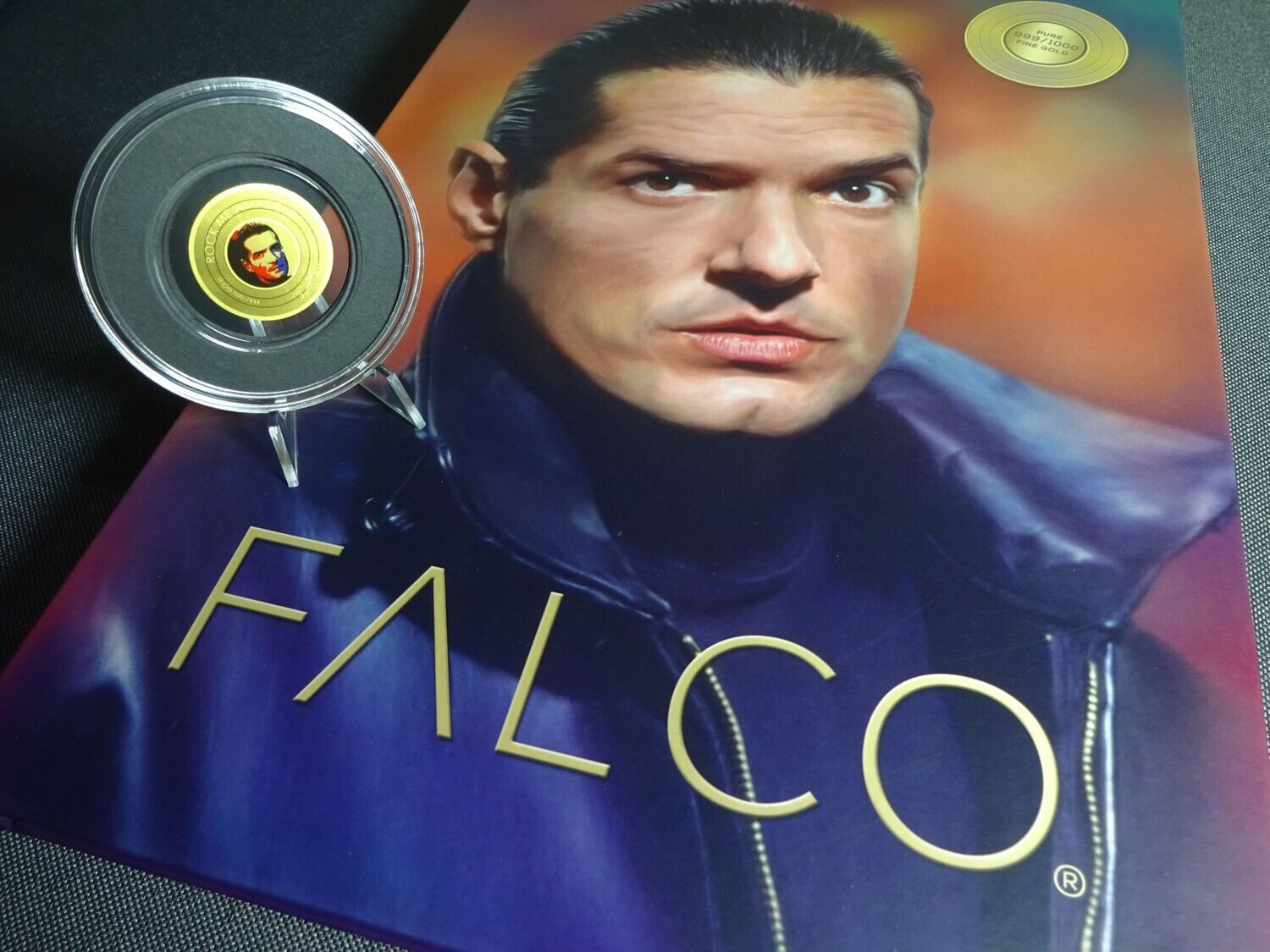 Goldmünze Tschad 3000 Francs Falco Rock Me Amadeus Schallplatte 1/500 Oz Unze