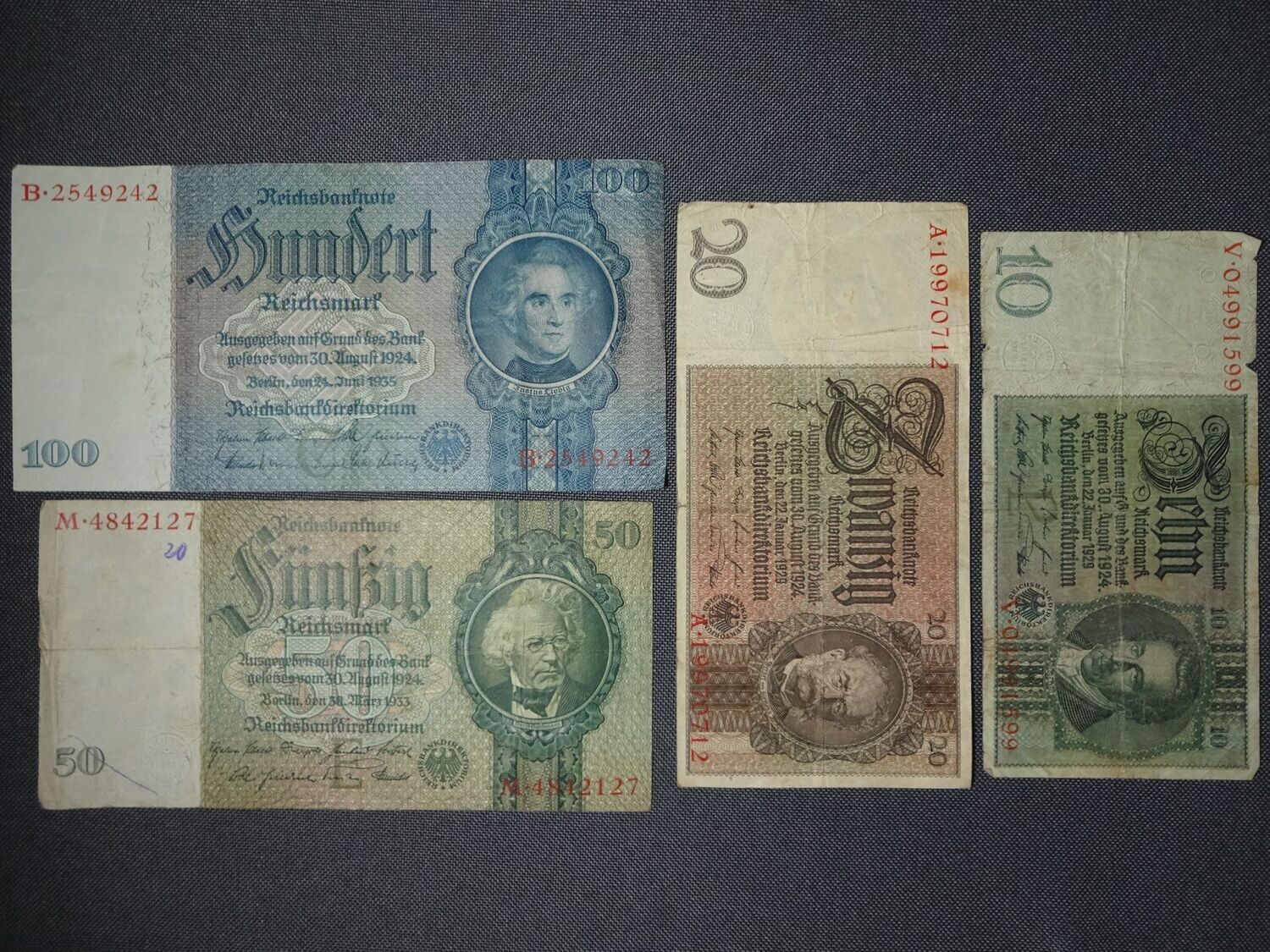 Banknoten Set Weimarer Republik Drittes Reich 1929 1933 1935 10 20 50 100 Reichsmark 4x Reichsbanknote Banknoten Set Weimarer Republik Drittes Reich 1929 1933 1935 10 20 50 100 Reichsmark 4x Reichsbanknote
