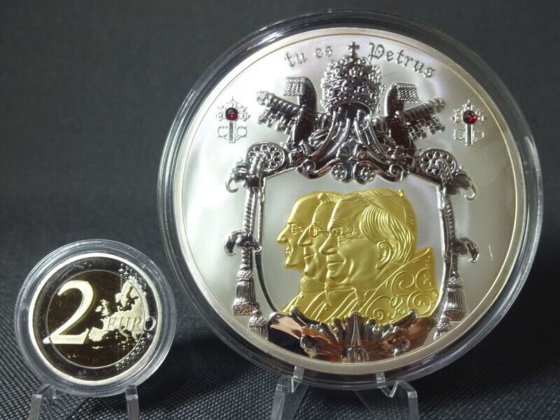 Medaille Vatikan 2013 Tu Es Petrus Jesus 3 Päpste 1978 Annus Triregenum Gilded Swarovski PP Proof Gigantenprägung 70 mm