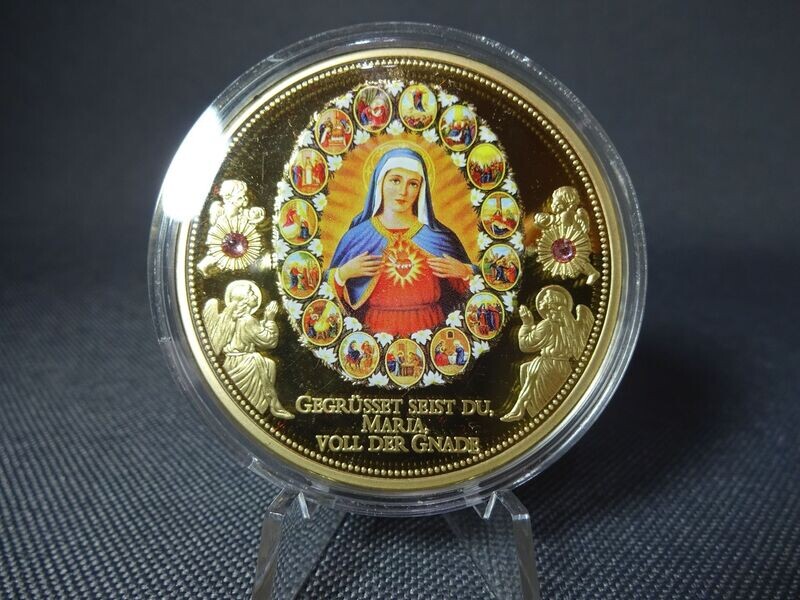 Medaille Vatikan 2015 Ave Maria Mutter Gottes Gnade Swarovski Farbe PP Proof Vergoldet 50 mm