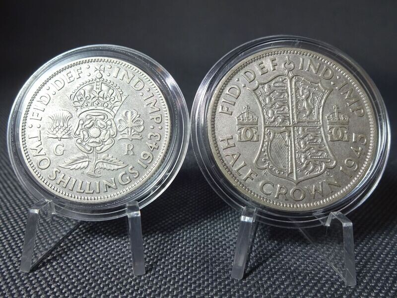 Silbermünzen-Set 1943 England 2 Shillings Half 1/2 Crown George VI. Silbermünzen-Set 1943 England 2 Shillings Half 1/2 Crown George VI.