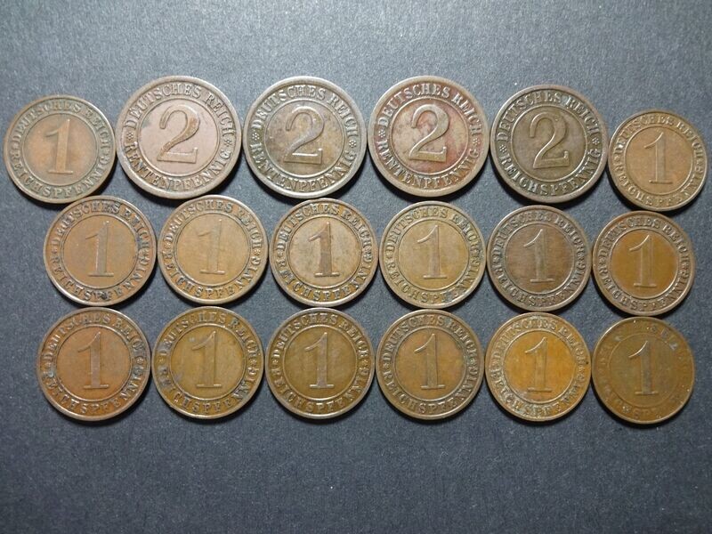 Münzen-Set 1923 - 1935 A Berlin Weimarer Republik 18x 1 & 2 Rentenpfennig Reichspfennig