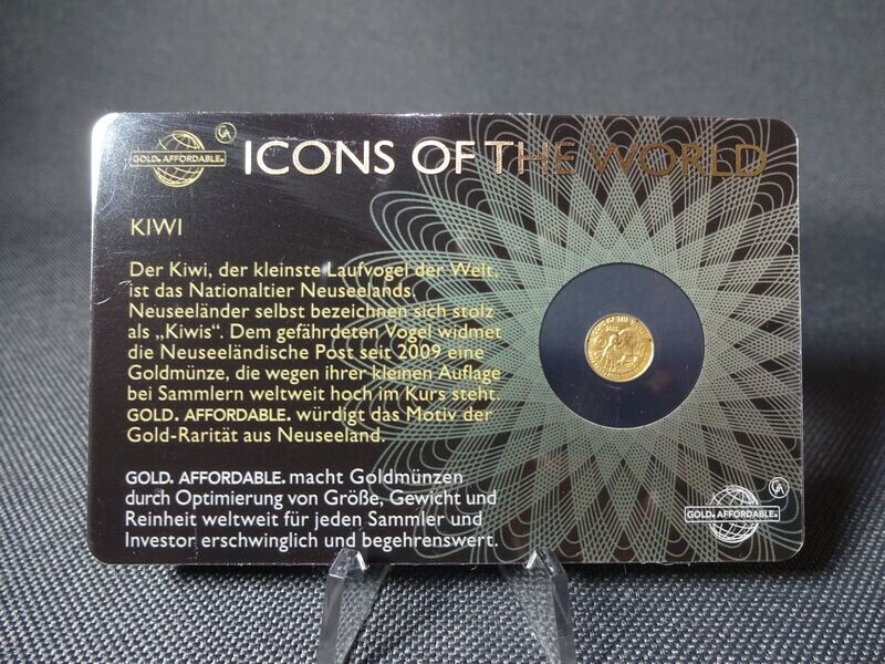 Goldmünze Ruanda 2015 10 Francs Kiwi Vogel Icons of the World Goldcard 1/200 Oz Unze