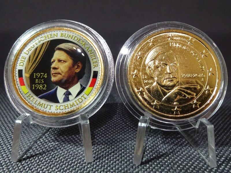 Münzen-Set Deutschland 2018 2 Euro Helmut Schmidt Bundeskanzler Farbe Emaille Vergoldet