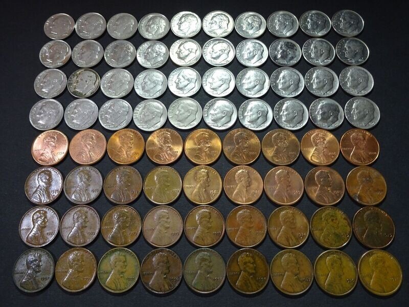 Münzen-Set USA 1951 - 2008 1 & 10 Cents Wheat Penny Dime Roosevelt Lincoln