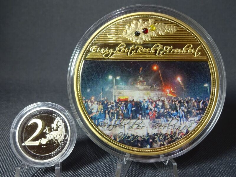 Medaille Deutschland Mauerfall Brandenburger Tor Farbe Swarovski PP Proof Vergoldet 70 mm