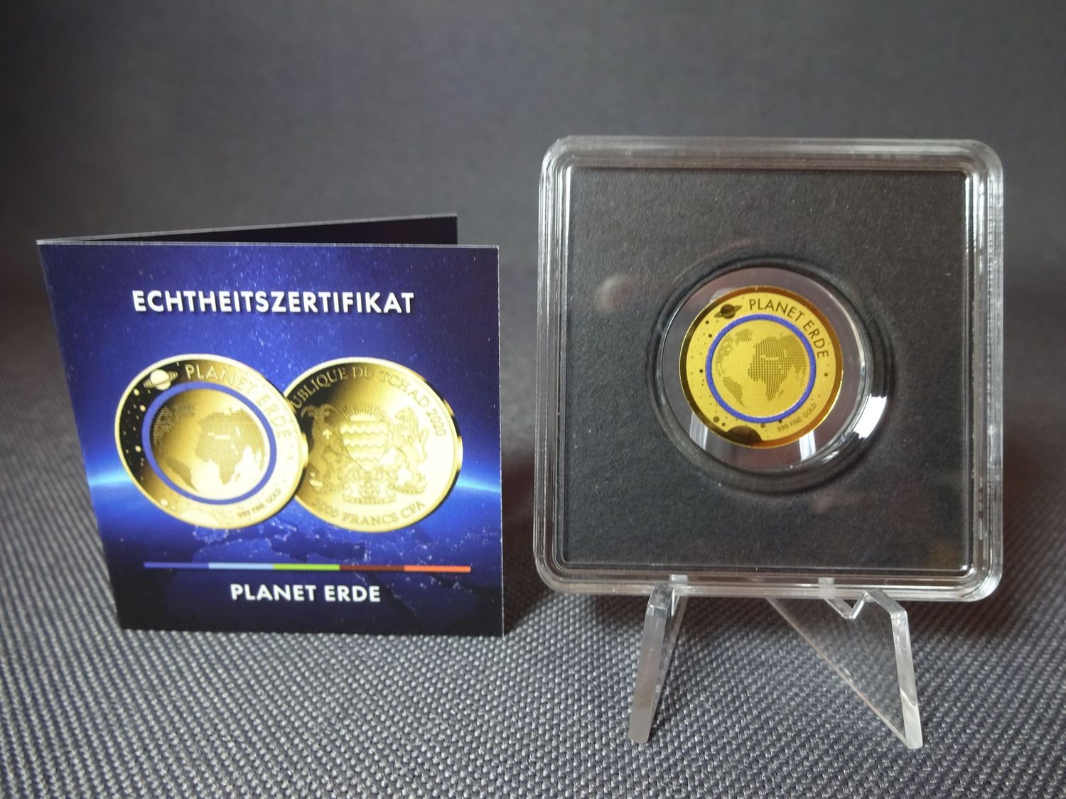 Goldmünze Tschad 2020 3000 Francs Planet Erde Farbring 1/500 Oz Unze