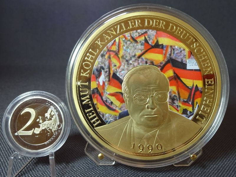 Medaille Deutschland Helmut Kohl Kanzler Einheit Vergoldet Farbe Gigantenprägung 70 mm