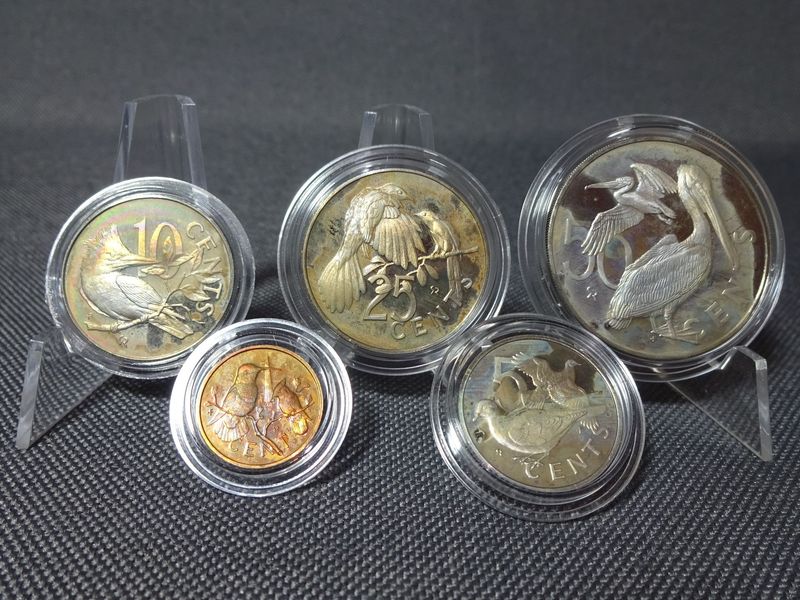 Münzen Set Britische Jungferninseln 1974 1 - 50 Cent Vogel PP Proof Bunte Patina