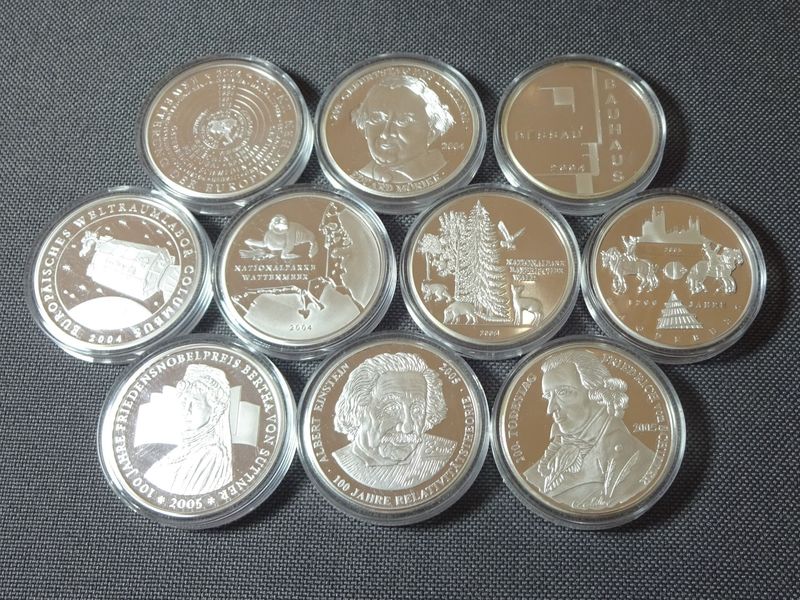 Medaillen Set 2004 2005 Deutschland 10 Euro Sammlermünzen Versilbert PP Proof