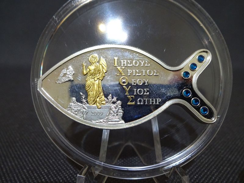 Silbermünze Cook Islands 2009 5 Dollars Ostern Fisch Heilige Statue Blau Kristalle Gilded PP Proof Silbermünze Cook Islands 2009 5 Dollars Ostern Fisch Heilige Statue Blau Kristalle Gilded PP Proof