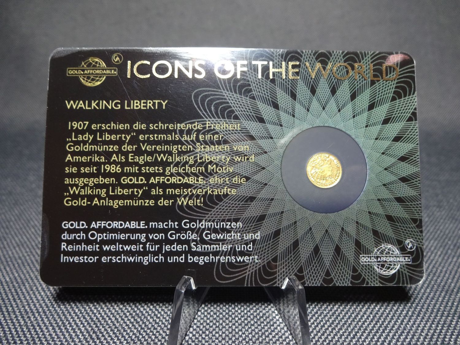 Goldmünze Ruanda 2015 10 Francs Walking Liberty Icons of the World Goldcard 1/200 Oz Unze Goldmünze Ruanda 2015 10 Francs Walking Liberty Icons of the World Goldcard 1/200 Oz Unze