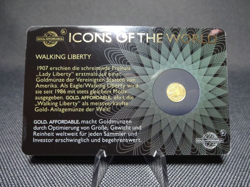 Goldmünze Ruanda 2015 10 Francs Walking Liberty Icons of the World Goldcard 1/200 Oz Unze