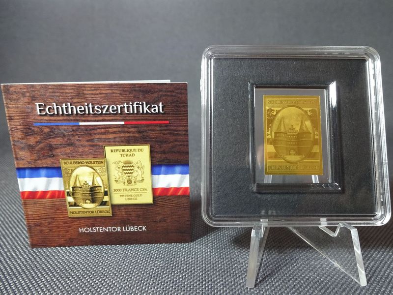 Goldmünze Tschad 3000 Francs Schleswig Holstein Holsteintor Lübeck Goldbarren 1/500 Oz Unze