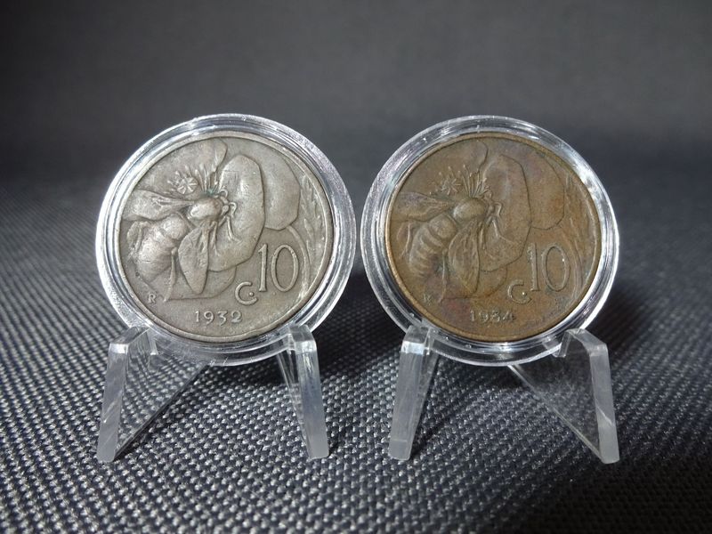 Münzen Set Italien 1932 & 1934 10 Centesimi Honigbiene Vittorio III.