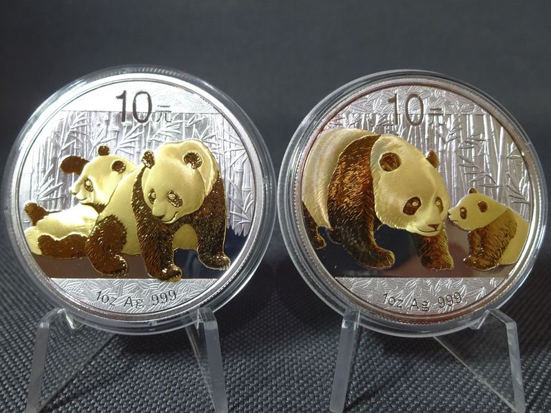 Silbermünzen Set China Panda 2010 & 2011 10 Yuan Gilded 2x 1 Oz Unze