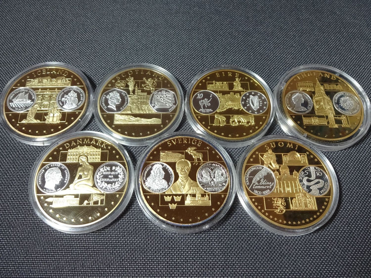 Medaillen Set Europa Island Schottland England Finnland Dänemark Irland Schweden Vergoldet