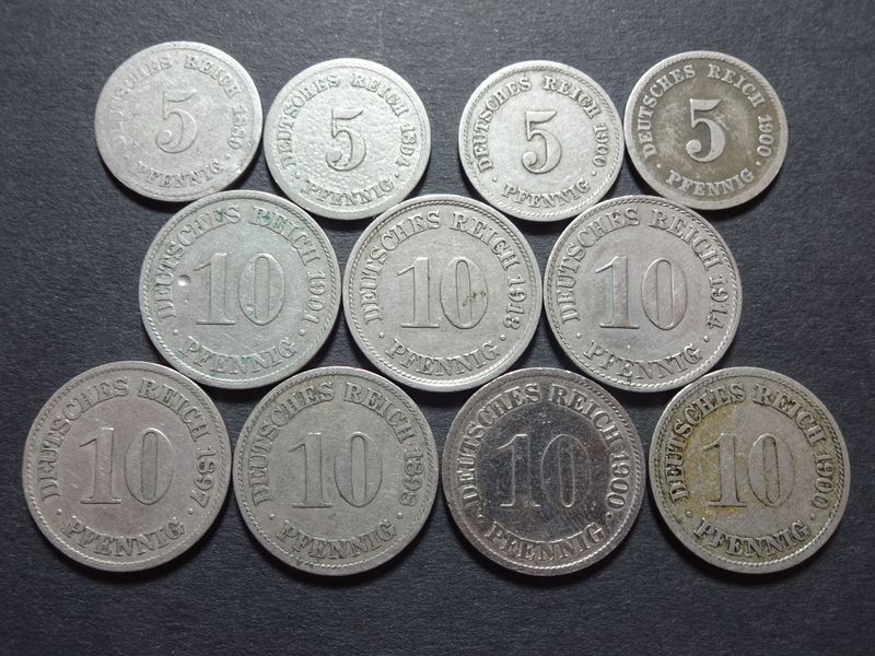 Münzen Set Deutsches Kaiserreich 1889 - 1914 A F G 5 & 10 Pfennig Berlin Stuttgart Karlsruhe