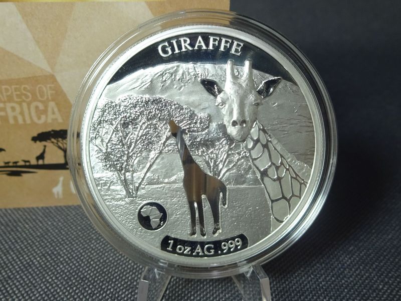 Silbermünze Djibouti 2018 250 Francs Giraffe Shapes of Africa Cut Out Reverse Proof 1 Oz Unze 50 mm
