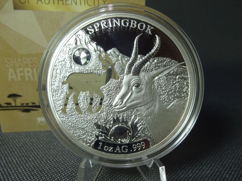 Silbermünze Djibouti 2018 250 Francs Springbok Shapes of Africa Cut Out R. Proof 1 Oz Unze 50 mm