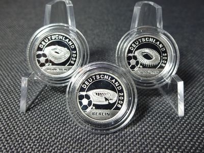 Silbermünzen Set Liberia 2004 1 Dollar Fussball WM 2006 Deutschland Stadion PP Proof 3x 1/25 Oz Unze