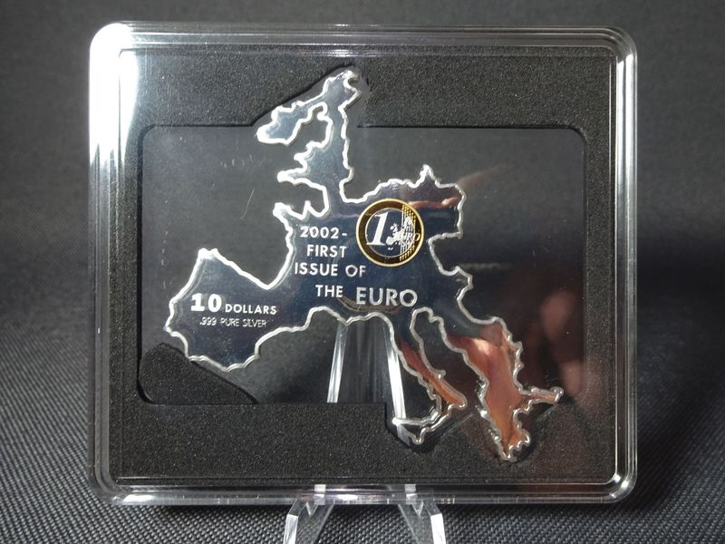 Silbermünze Nauru 2002 10 Dollars Erster Euro Europa Landkarte Form PP Proof 1 Oz Unze