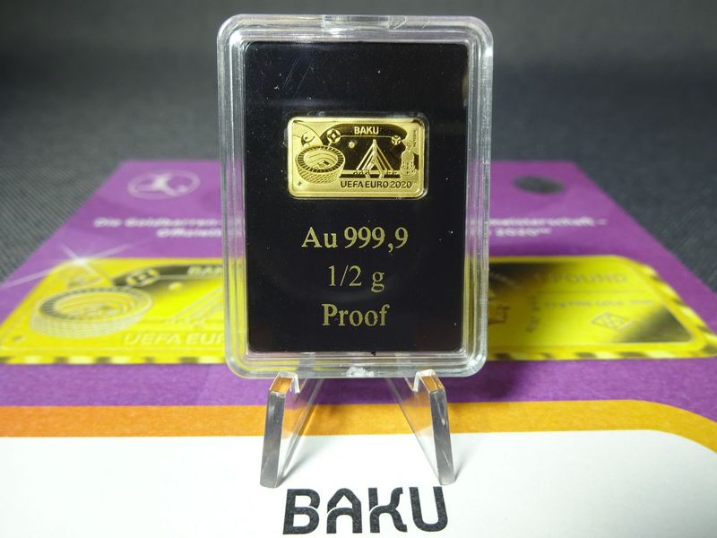 Goldbarren Gibraltar 2020 1 Pound UEFA Fussball EM Stadion Baku Münzbarren PP Proof 0,5 g