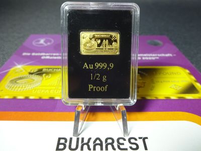 Goldbarren Gibraltar 2020 1 Pound UEFA Fussball EM Stadion Bukarest Münzbarren Proof 0,5 g