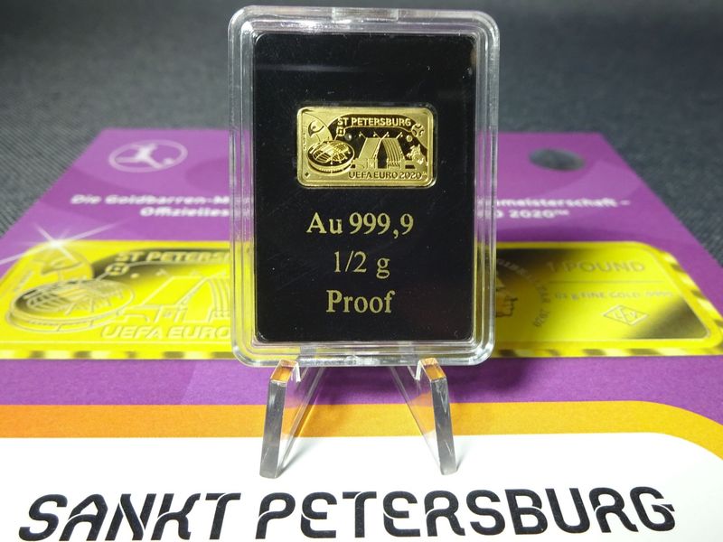 Goldbarren Gibraltar 2020 1 Pound UEFA Fussball EM Stadion Sankt Petersburg Münzbarren Proof 0,5 g