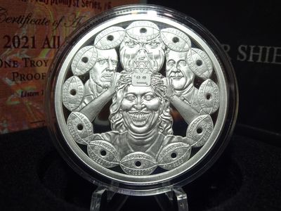 Silbermedaille USA 2021 Crazy Jesus All Sees All In One Religion Silver Shield PP Proof 1 Oz Unze