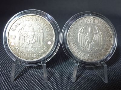 Silbermünzen-Set Drittes Reich 1935 & 1936 A 5 Reichsmark Garnisonkirche Hindenburg Patina