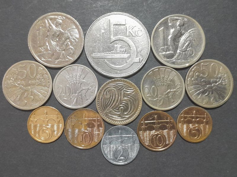 Münzen Set 1921 - 1938 Tschechoslowakei 2 5 10 20 25 50 Heller 1 5 Kronen