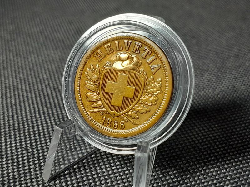 Münze Schweiz 1866 2 Rappen Helvetia Patina Erhaltung!