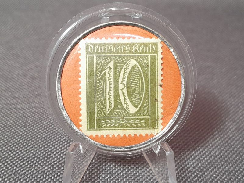 Briefmarkenkapselgeld Deutsches Kaiserreich 10 Pfennig Karlsruhe Schlosscafe Adam Vogt
