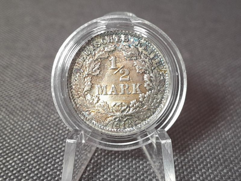 Silbermünze Deutsches Kaiserreich 1918 F 1/2 Mark Lichtenrader Fehlprägung Patina