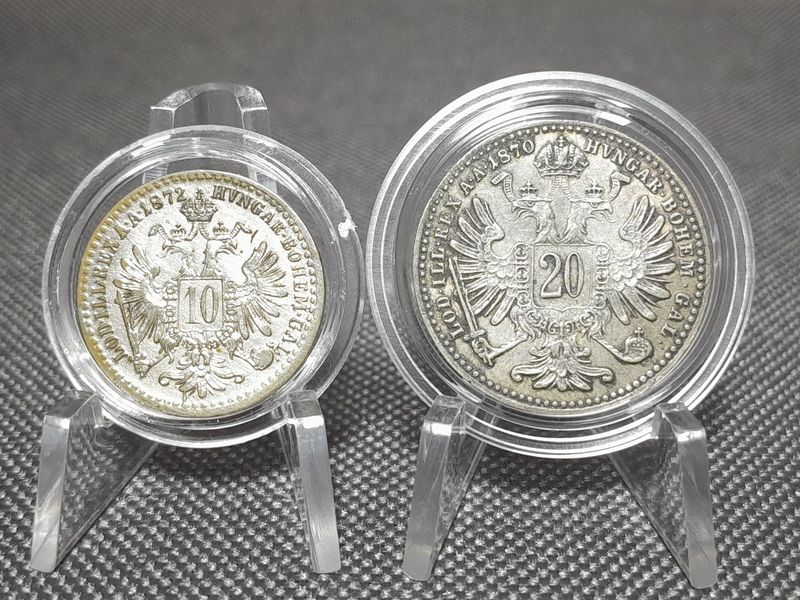 Silbermünzen Set Österreich 1870 1872 10 20 Kreuzer Kaiser Franz Joseph I. KuK Patina