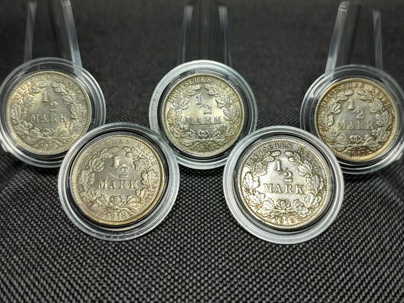 Silbermünzen Set 1915 1916 1917 1918 F 1/2 Mark Deutsches Kaiserreich Lichtenrader Fehlprägung