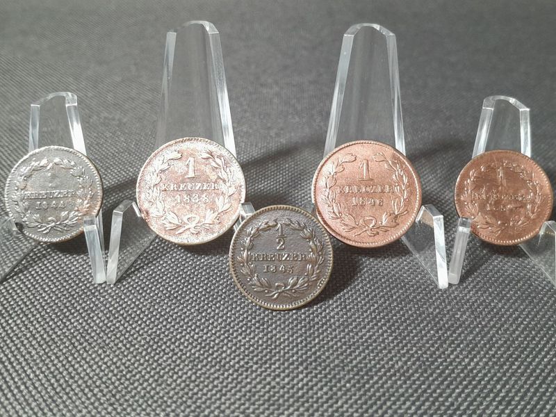 Münzen Set 1838 1844 1845 1846 1852 1/2 & 1 Kreuzer Großherzog Leopold von Baden Altdeutschland