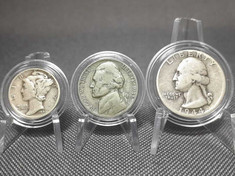Silbermünzen Set USA 1943 1944 1945 5 10 25 Cent 1/4 Dollar Mercury Dime Jefferson Nickel Quarter