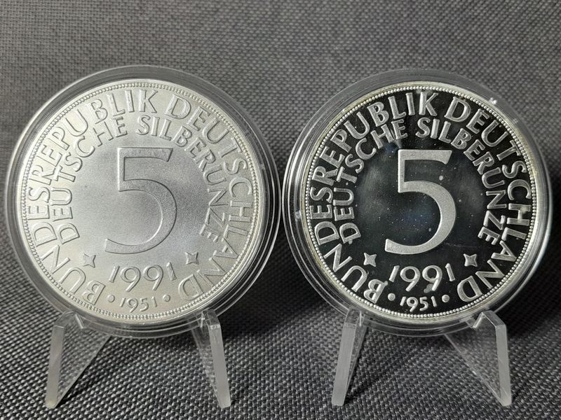 Silbermedaille Set 5 Mark Replikat Deutschland 1951 Silberadler Heiermann PP Proof 1991 2x 1 Oz Unze