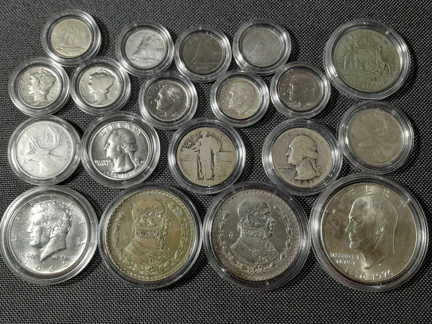 Silbermünzen Set 1918 - 1976 USA Mexiko Kanada Australien Dime Quarter Dollar Cents Florin Peso