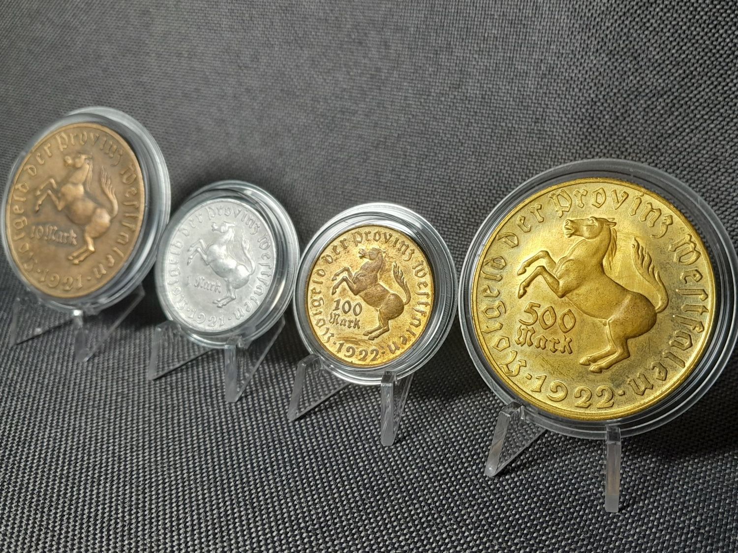 Münzen Set Notgeld 1921 1922 Weimarer Republik 1 10 100 500 Mark Minister Stein Pferd Westfalen Nebengebiete