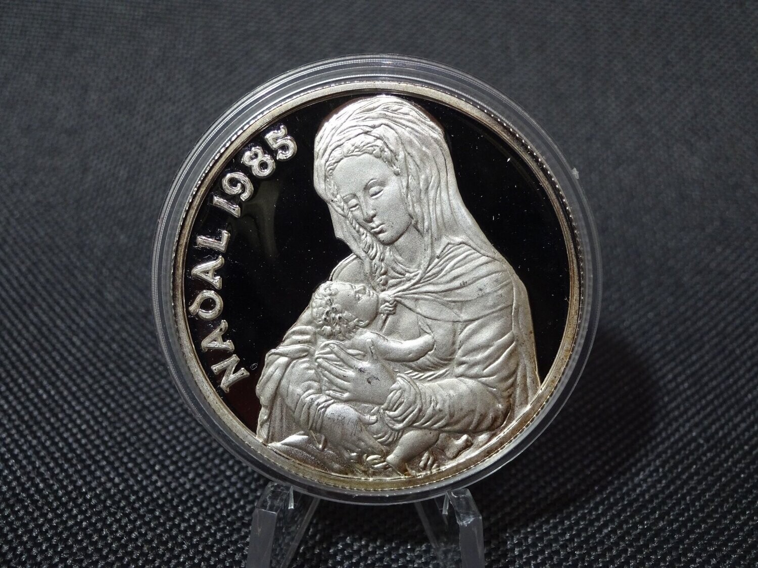 Silbermünze Andorra 1985 Weihnachten Nadal Madonna Maria Jesus Baby 20 Diners PP Proof