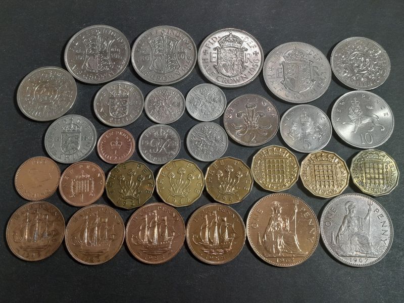 Münzen Set England 1937 - 1975 Farthing 1 2 3 5 6 10 Penny Pence Shilling Half 1/2 Crown Erhaltung!