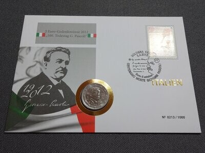 Numisbrief Münze Italien 2012 2€ Euro G. Pascoli 100. Todestag Platin Veredelt